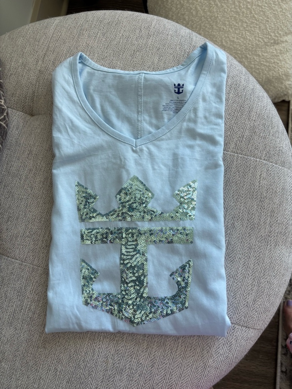 Royal Caribbean Sequin Anchor V-Neck Tee - Light Blue